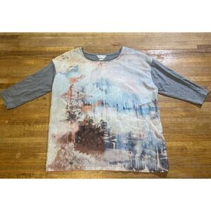 Christopher & Banks Women Medium Petite Gray‎ Abstract Print 3/4 Sleeve Blouse
